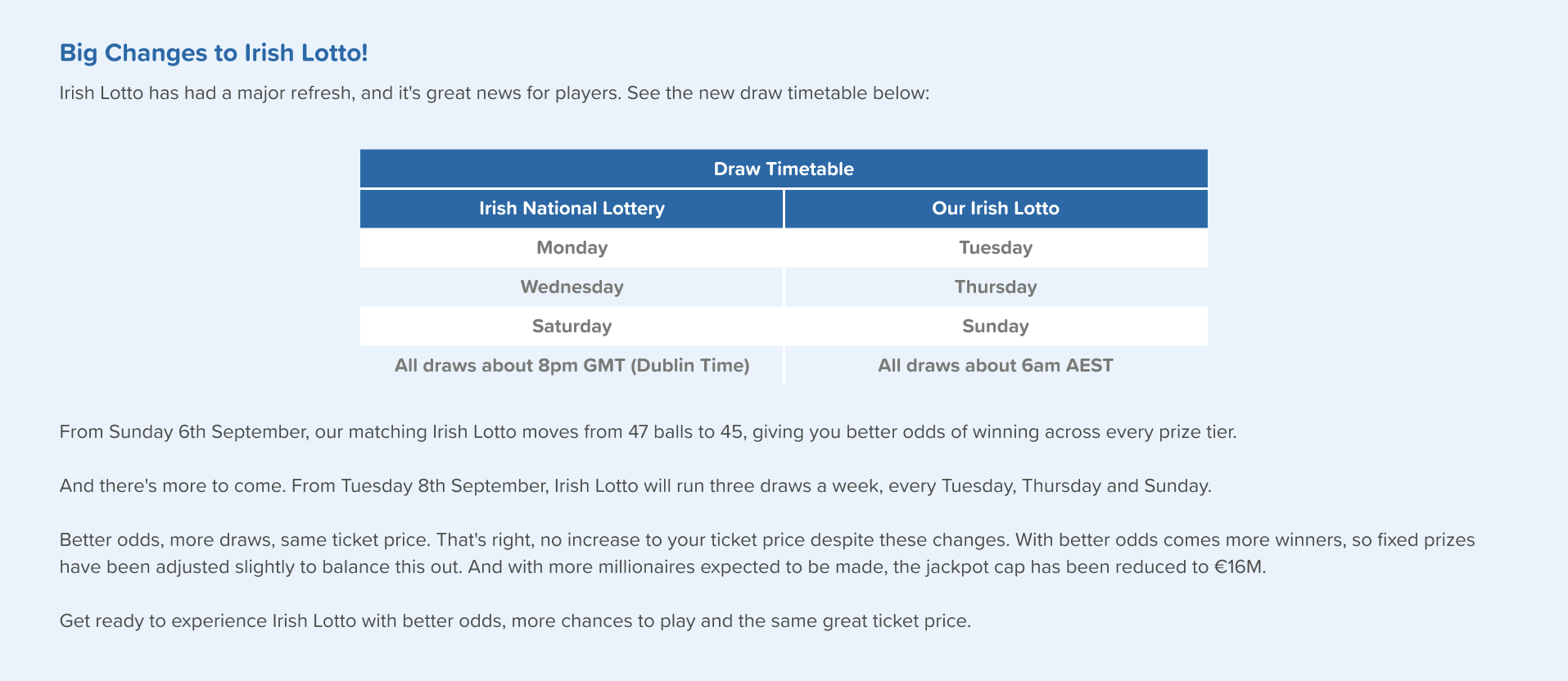 Irish Lotto draw timetable and upcoming game changes