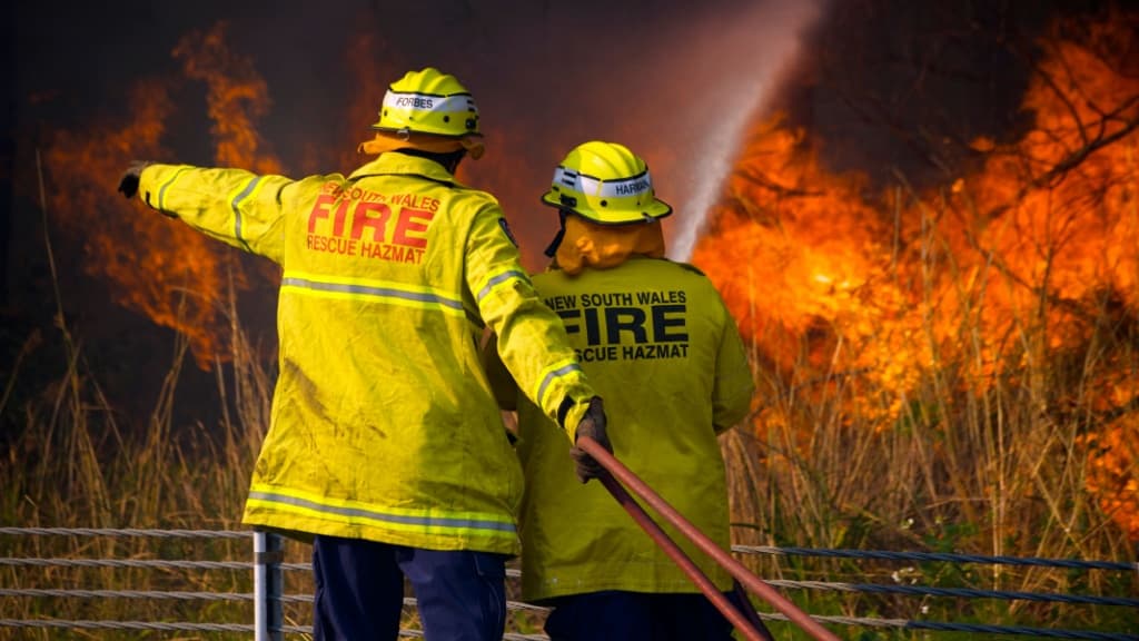 Two firemen tackling an active bushfire.