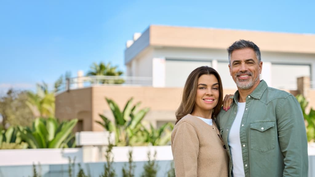 Happy smiling mature older family couple outside a new property.