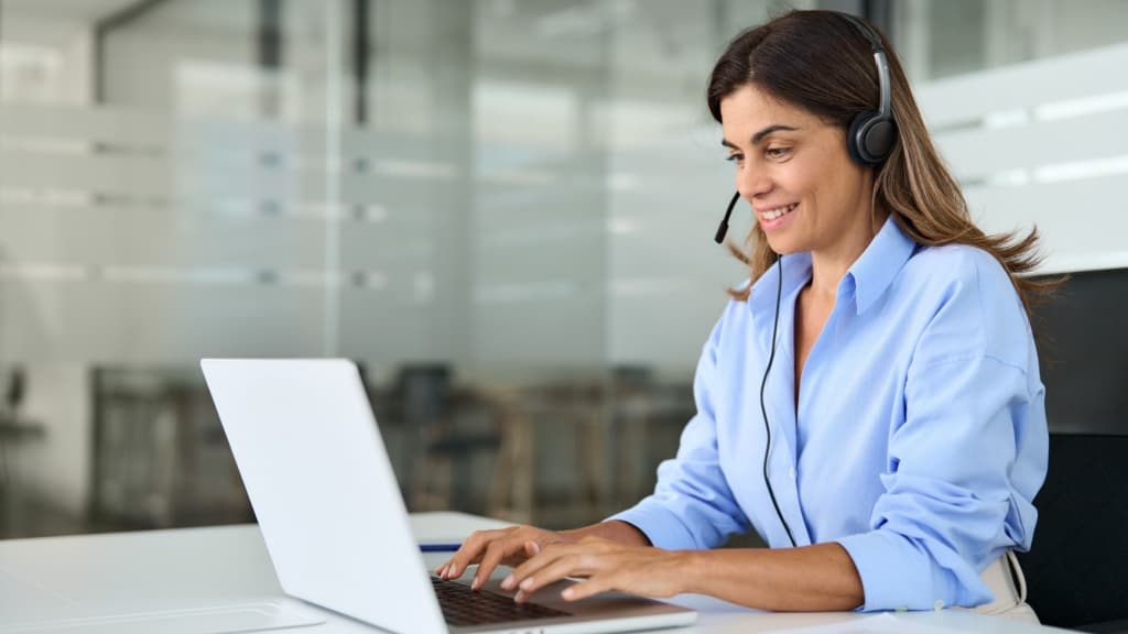 Mature business woman call center representative customer support